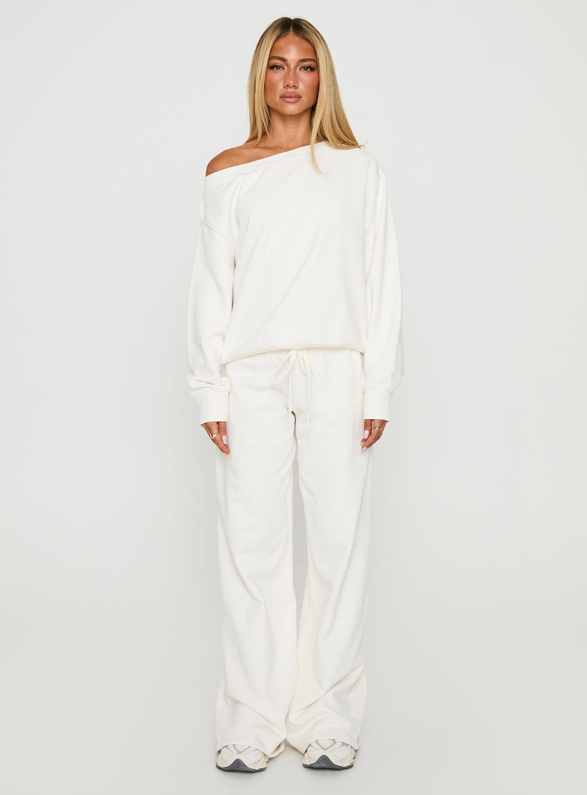 front view of model wearing Princess Polly Wellness Off The Shoulder Jumper Washed White Jumpers 