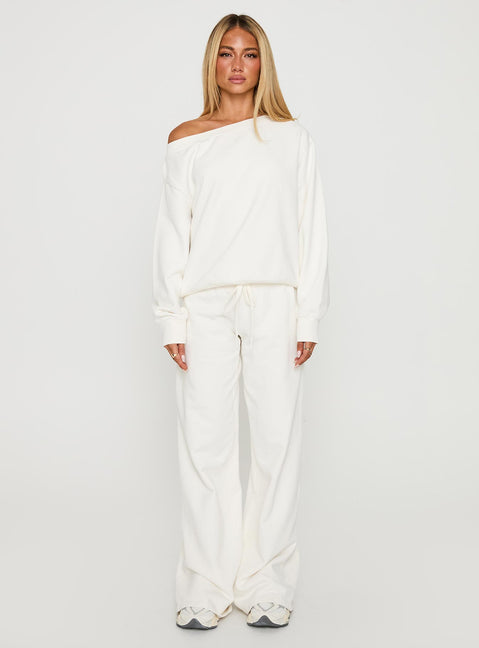 front view of model wearing Princess Polly Wellness Off The Shoulder Jumper Washed White Jumpers 