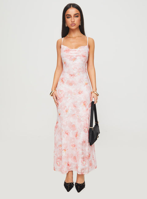 front view of model wearing Princess Polly Mafalde Maxi Dress Pink Cowl Neck 
