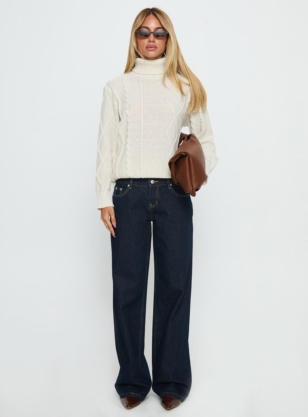 front view of model wearing Princess Polly Tarynne Cable Knit Turtle Neck Sweater Beige Longline Jumpers Jumpers 
