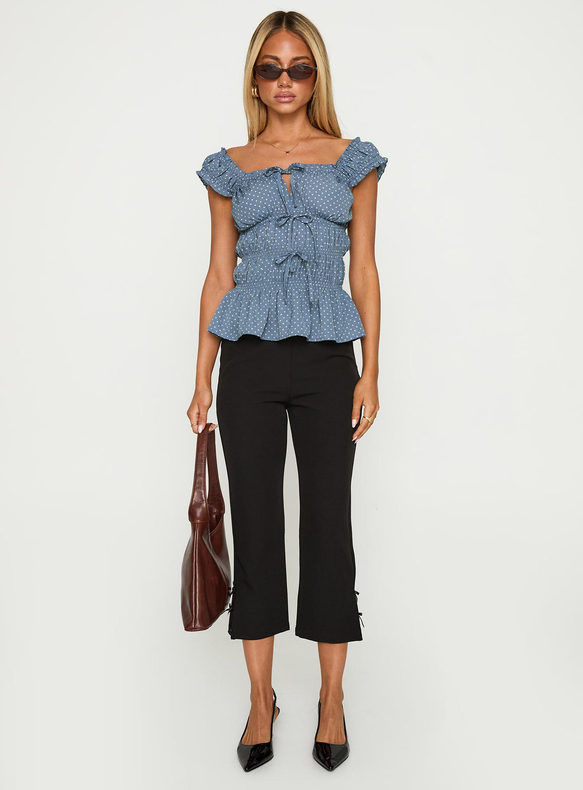 front view of model wearing Princess Polly Scouts Honour Shirred Top Blue / White Short Sleeves Square Neck 