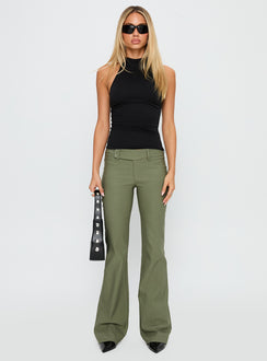 front view of model wearing Princess Polly Kinkirk Flared Pants Olive Green Low Rise Pants Pants 