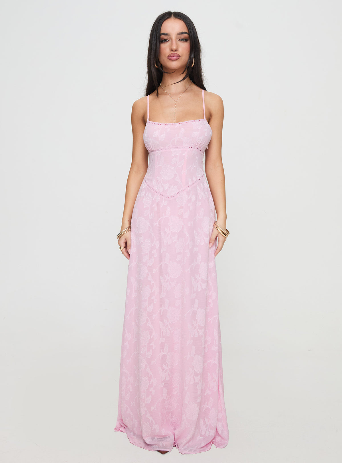 front view of model wearing Princess Polly South Of France Maxi Dress Pink Petite Square Neck 