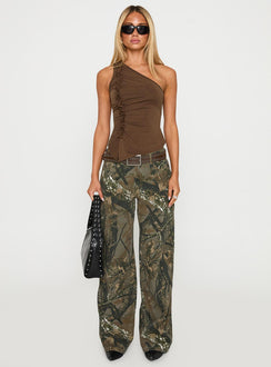 front view of model wearing Princess Polly Marvela Top Chocolate Sleeveless Asymmetric Neckline 