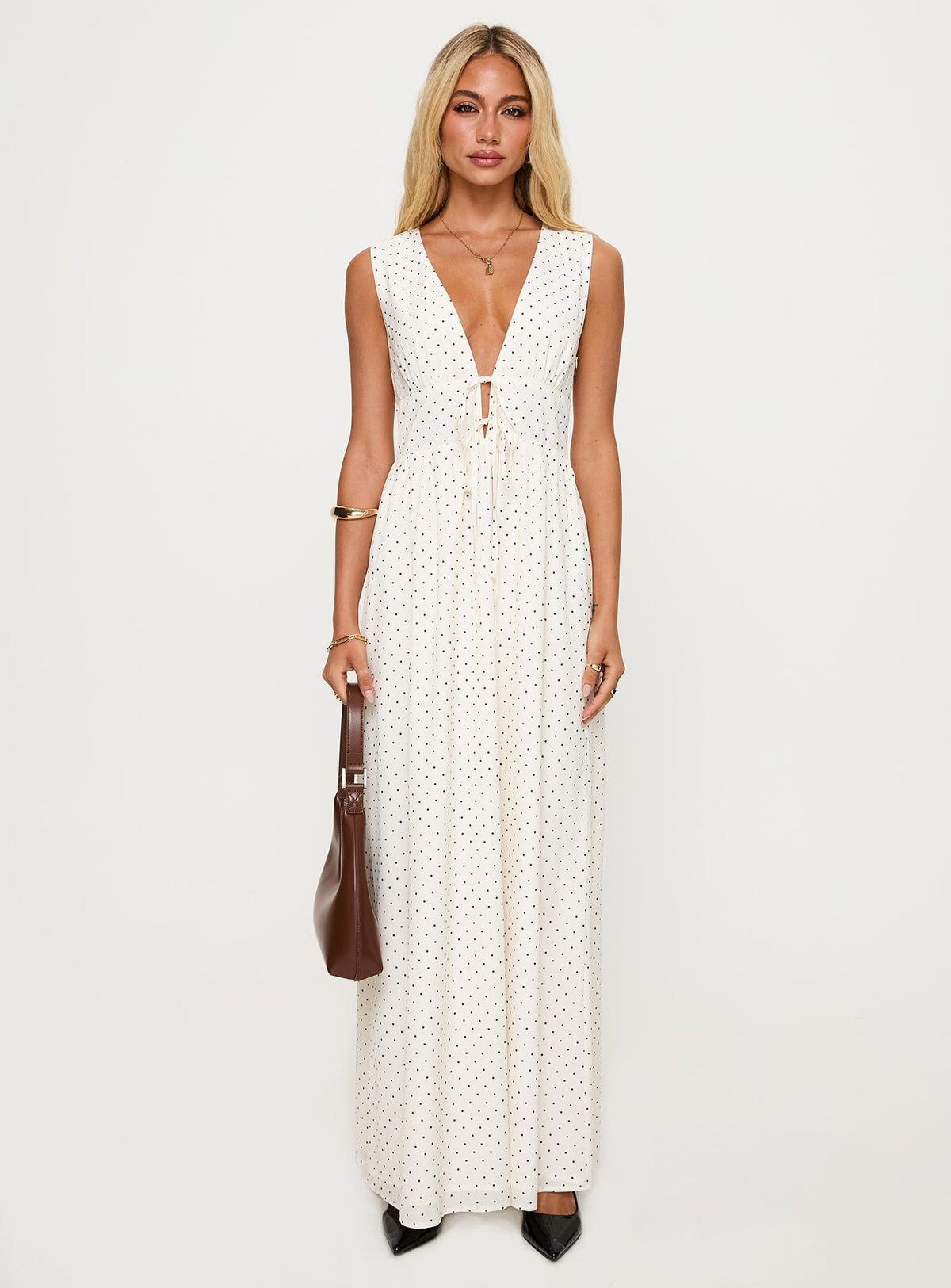 front view of model wearing Princess Polly Pokey Maxi Dress Cream / Polka Dot Plunger 