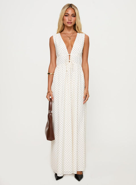 front view of model wearing Princess Polly Pokey Maxi Dress Cream / Polka Dot Plunger 