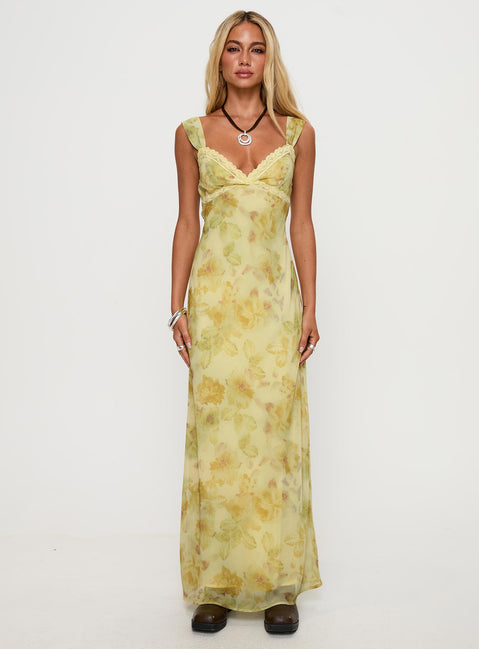 front view of model wearing Princess Polly Fernwood Maxi Dress Yellow Multi Plunger 