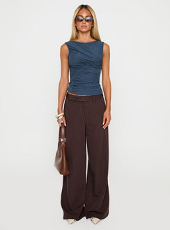 front view of model wearing Princess Polly Lustre Wide Leg Pant Brown Pinstripe Low Rise Pants 