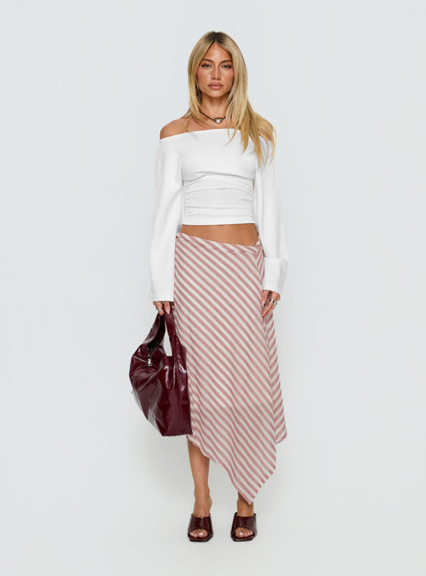   front view of model wearing Princess Polly Gwenora Asymmetrical Midi Skirt Pink Stripe Midi Skirts Skirts 