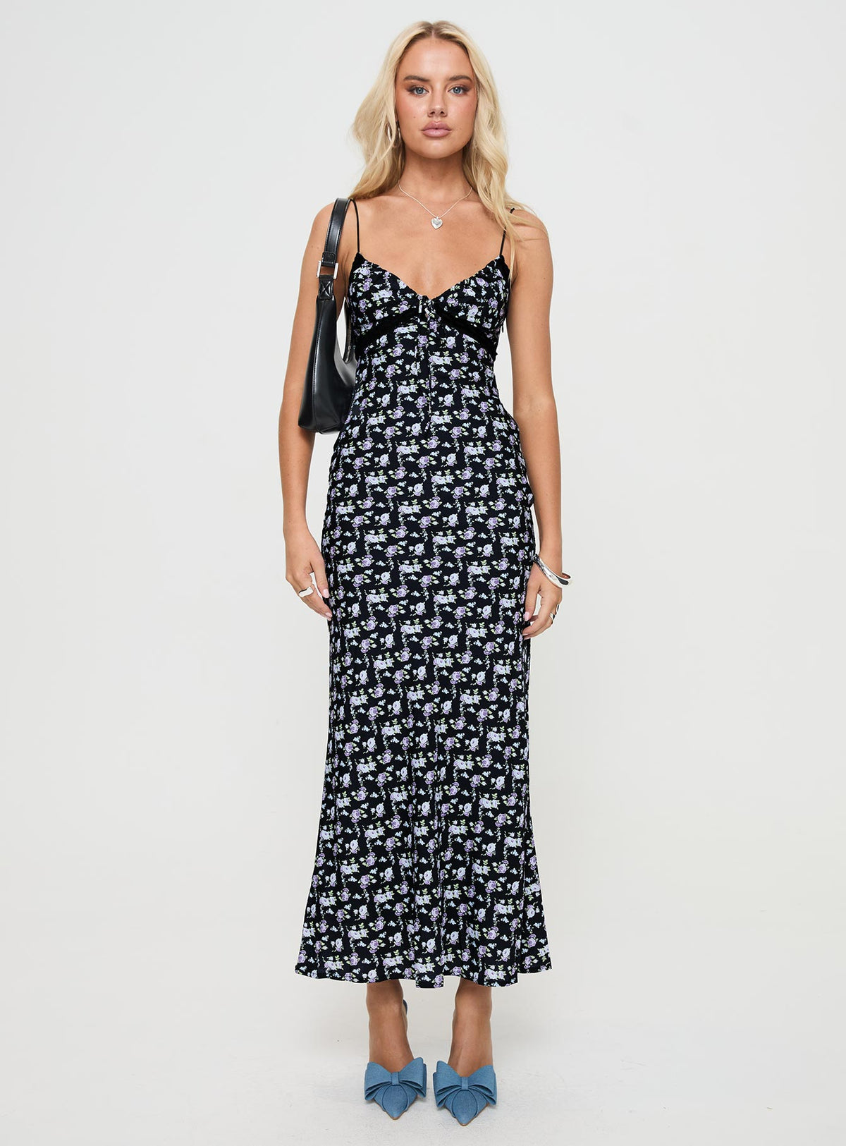 back view of model wearing Princess Polly Emily Maxi Dress Black / Floral Plunger 
