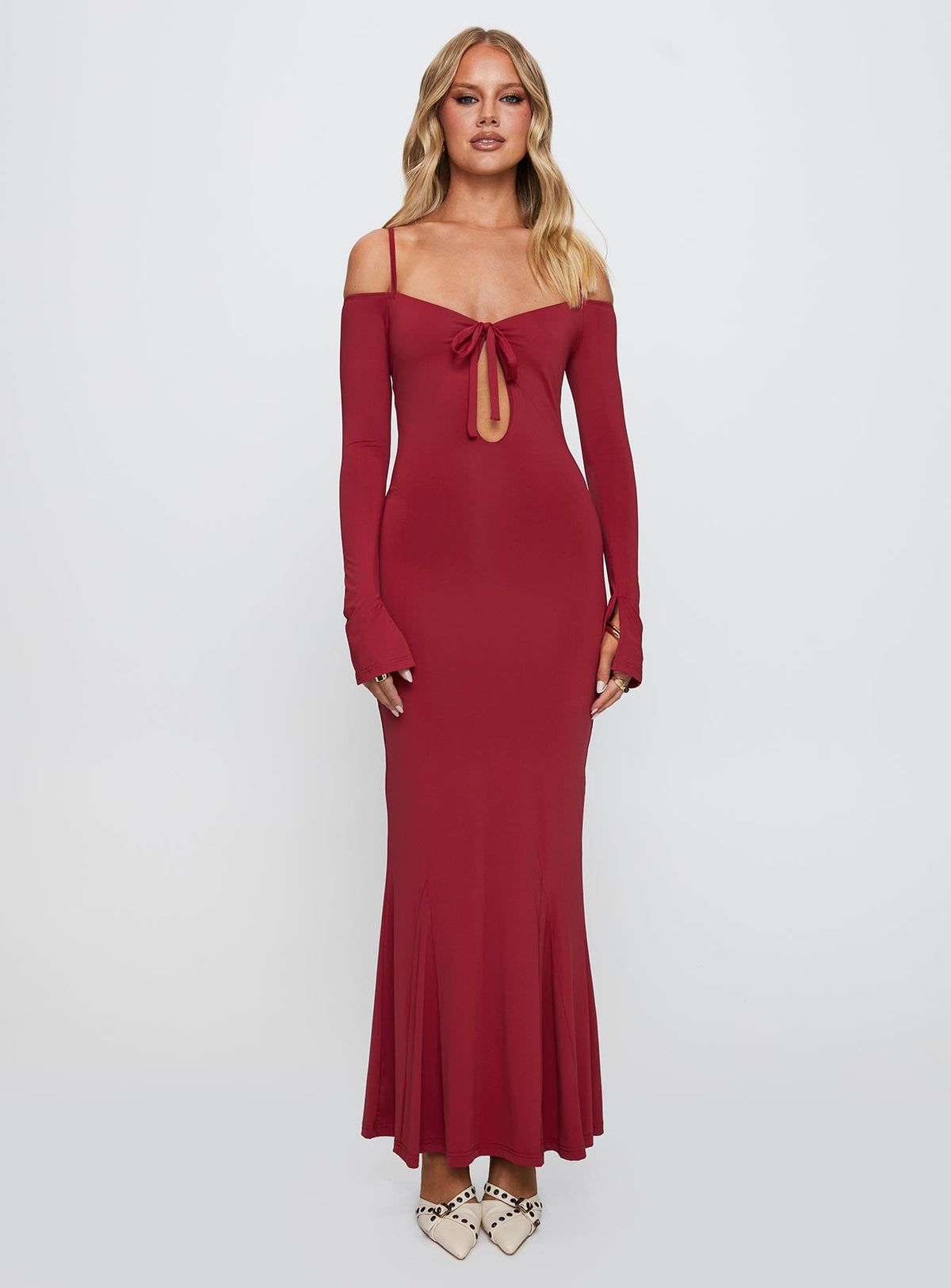 front view of model wearing Princess Polly Lucillea Long Sleeve Maxi Dress Red V-Neck 