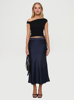   front view of model wearing Princess Polly The Charmaine Maxi Skirt Navy Midi Skirts Skirts 