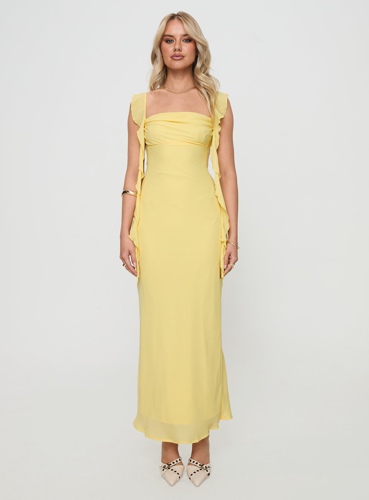 front view of model wearing Princess Polly Lanai Maxi Dress Lemon Square Neck 
