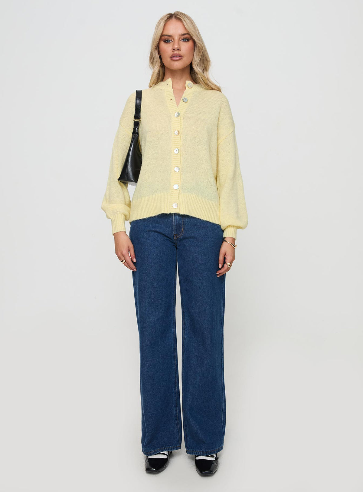 back view of model wearing Princess Polly Sunbeam Cardigan Yellow Longline Jumpers Jumpers 