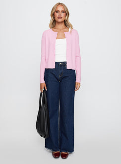 front view of model wearing Princess Polly Old Burlington Knit Cardigan Pink Cropped Jumpers Jumpers 