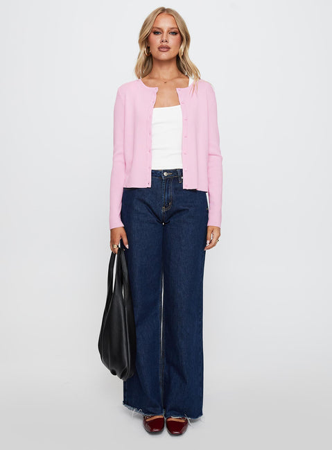 front view of model wearing Princess Polly Old Burlington Knit Cardigan Pink Cropped Jumpers Jumpers 