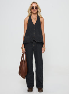 front view of model wearing Princess Polly Top Model Low Rise Straight Leg Jeans Charcoal High Rise Jeans Jeans 