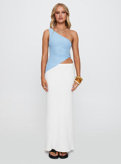 side view of model wearing Princess Polly Machiatto One Shoulder Top Blue Sleeveless Asymmetric Neckline 