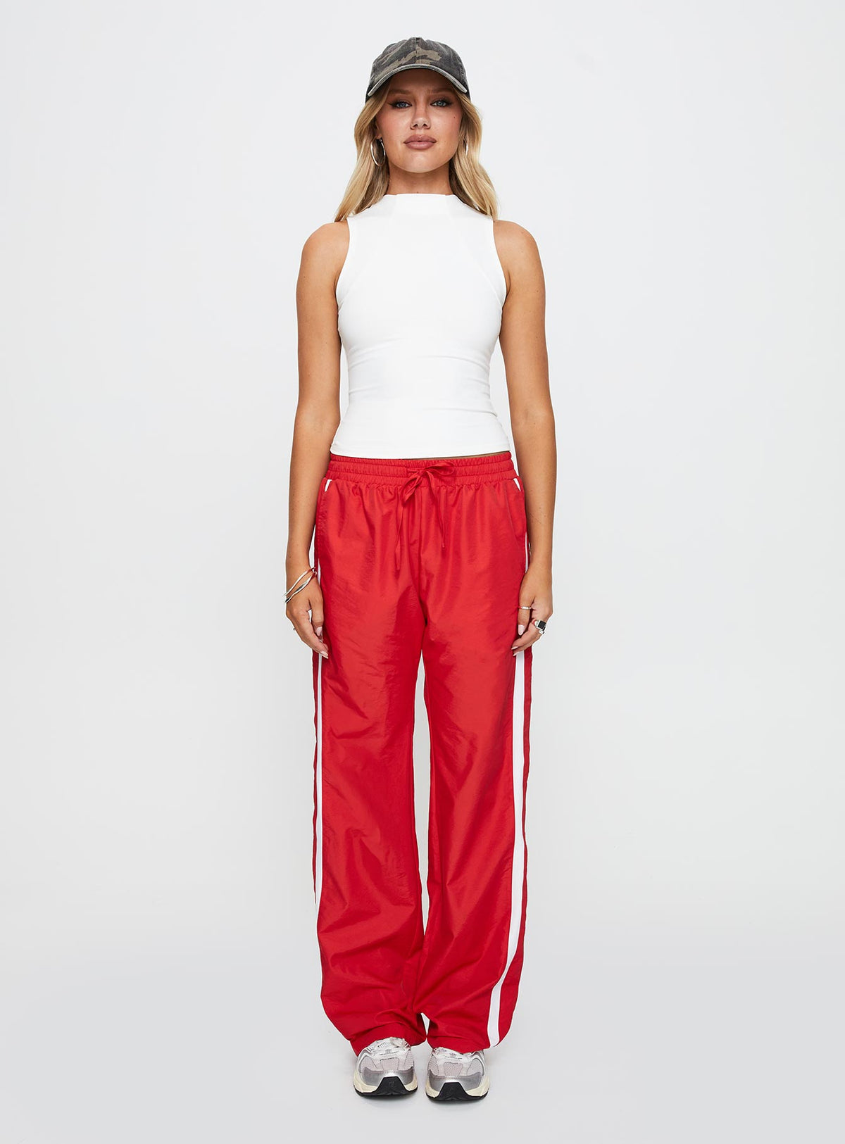 back view of model wearing Princess Polly Keli Track Pants Red / White High Rise Pants Pants 