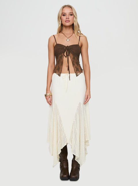 front view of model wearing Princess Polly Andorra Top Brown Sleeveless Sweetheart 