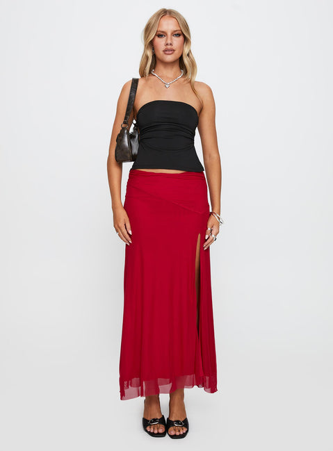   front view of model wearing Princess Polly Quancita Mesh Maxi Skirt Red Maxi Skirts Skirts 