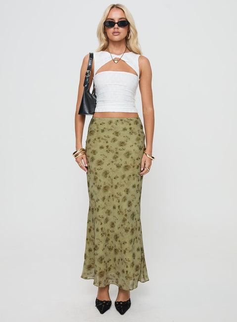   front view of model wearing Princess Polly Piazia Maxi Skirt Green Maxi Skirts Skirts 