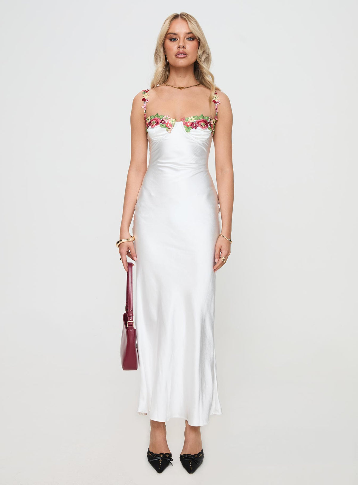front view of model wearing Princess Polly Kenzie Maxi Dress White Sweetheart Neckline 