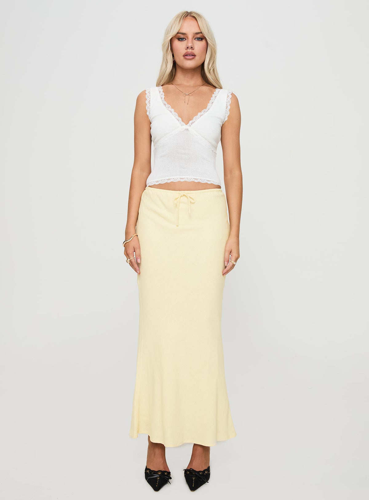   front view of model wearing Princess Polly Mercer Linen Blend Maxi Skirt Lemon Maxi Skirts Skirts 