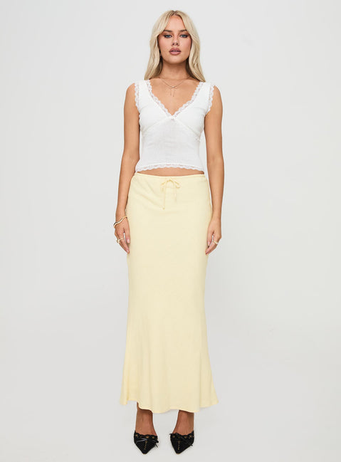   front view of model wearing Princess Polly Mercer Linen Blend Maxi Skirt Lemon Maxi Skirts Skirts 