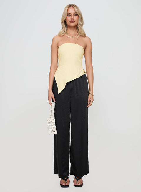 front view of model wearing Princess Polly Birdie Asymmetric Linen Blend Top Lemon Sleeveless straight 