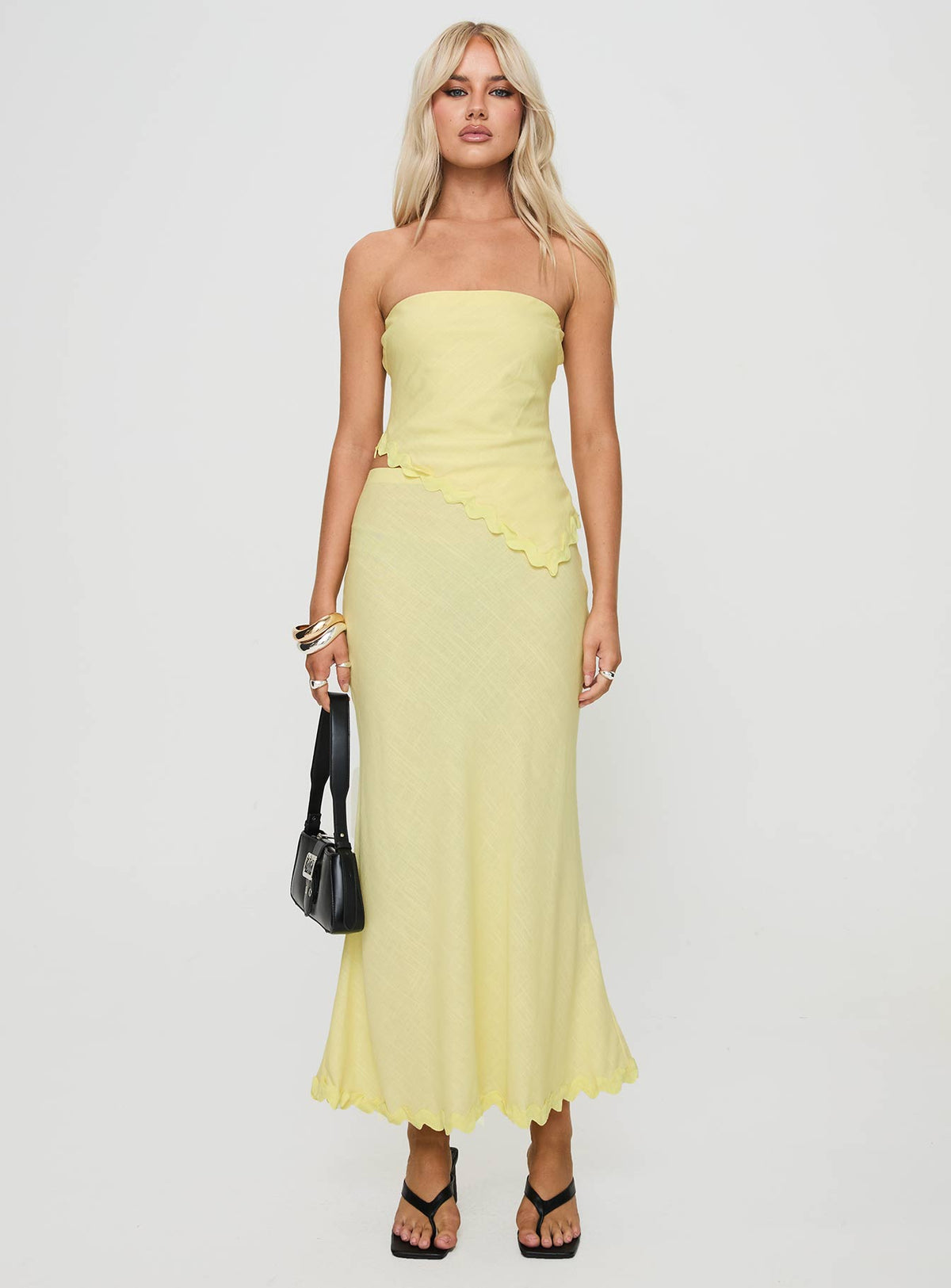   front view of model wearing Princess Polly Silvershore Maxi Skirt Yellow Maxi Skirts Skirts 