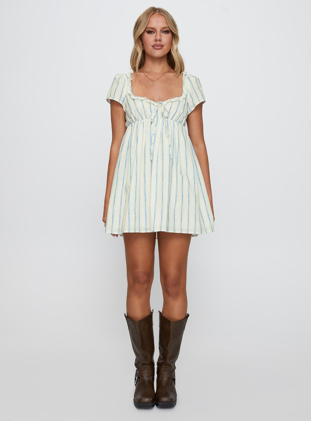 front view of model wearing Princess Polly Monsterrat Mini Dress Blue Stripe Sweetheart Neckline 