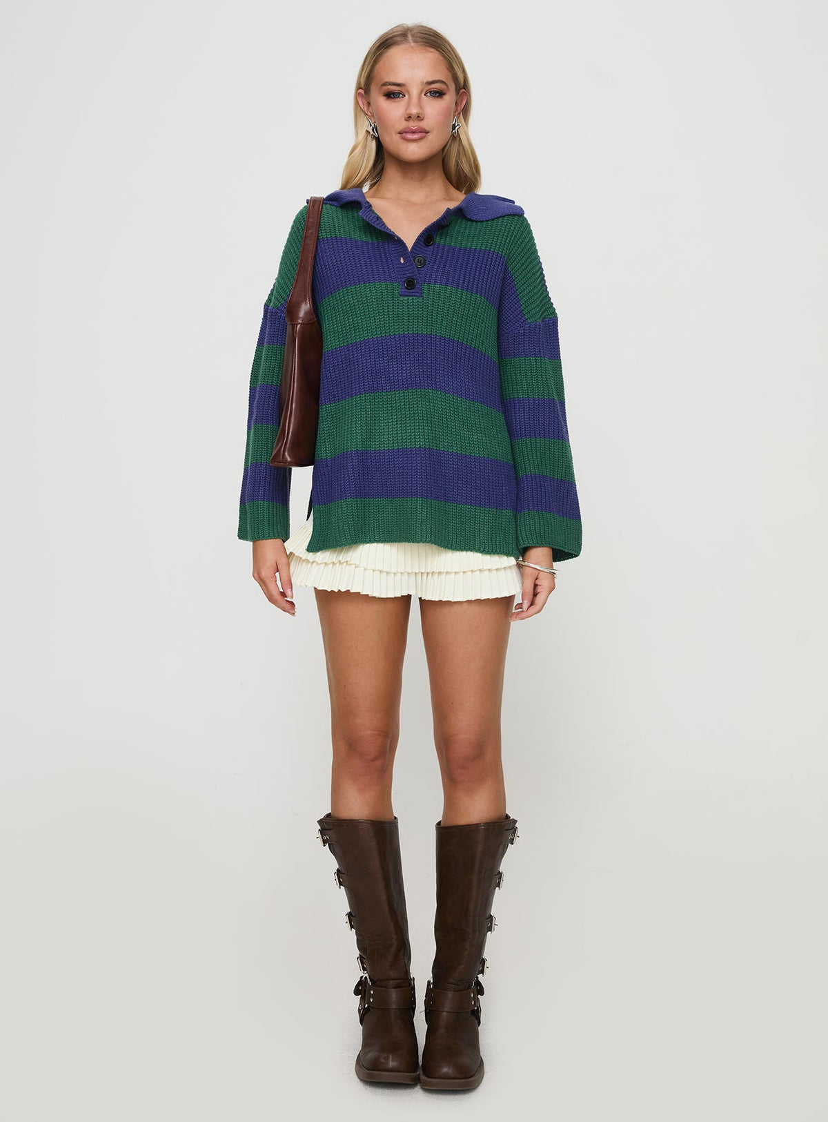 side view of model wearing Princess Polly Olivah Jumper Blue / Green Longline Jumpers Jumpers 