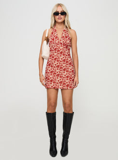 front view of model wearing Princess Polly Neelia Mini Dress Red Floral Petite V-Neck 