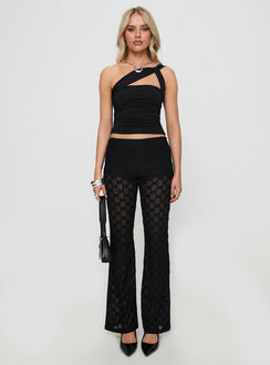front view of model wearing Princess Polly Mullien Top Black Sleeveless Asymmetric Neckline 