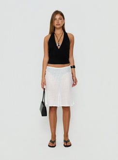 Showcasing the Evangela Sheer Midi Skirt White Polka Dot womens-skirts with midi length front view of model wearing Princess Polly