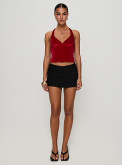 side view of model wearing Princess Polly Tuberose Halter Top Red Sleeveless V-Neck 