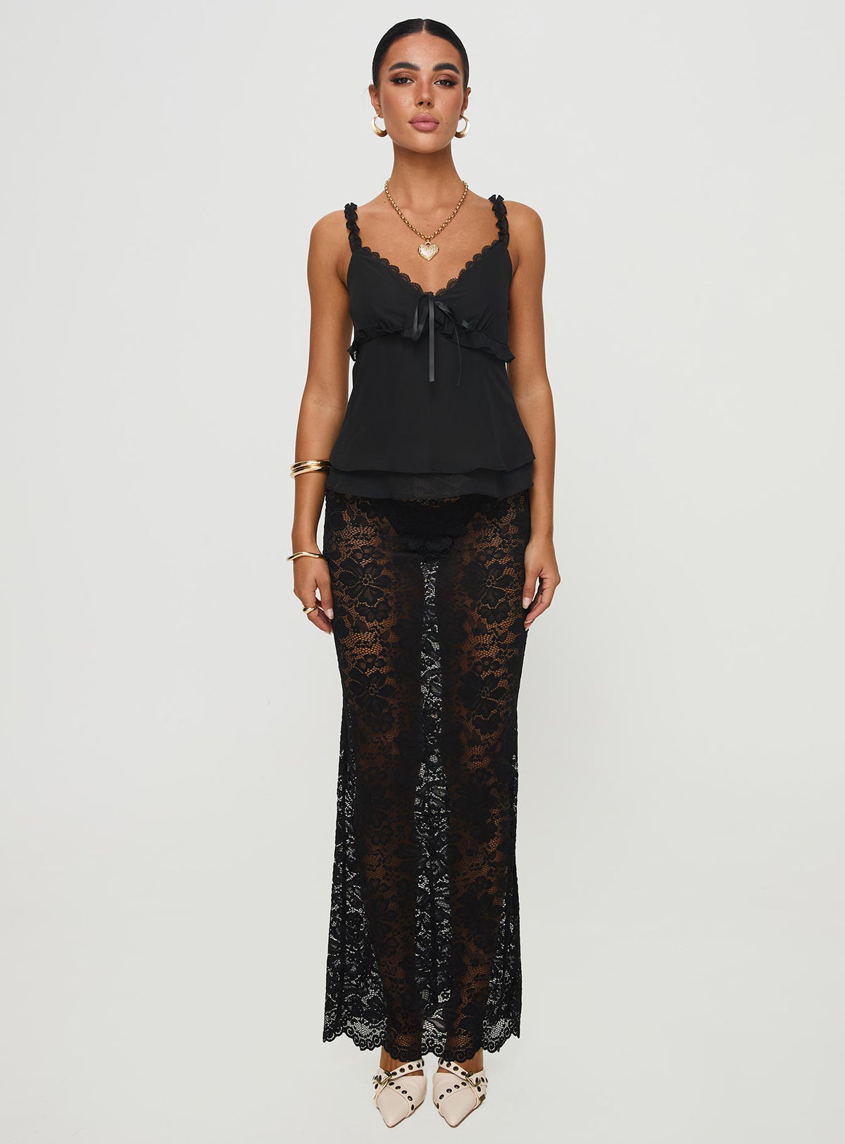 front view of model wearing Princess Polly Taini Top Black Sleeveless V-Neck 