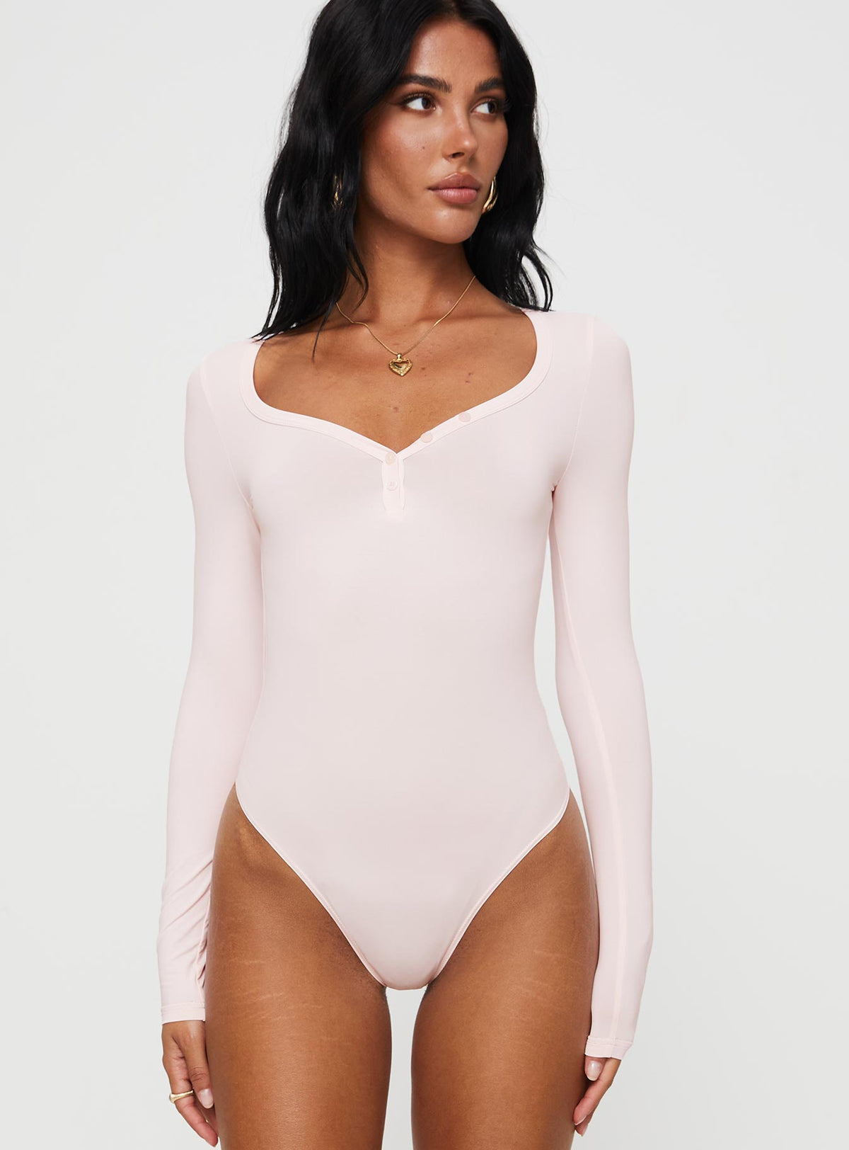back view of model wearing Princess Polly Delgado Long Sleeve Bodysuit Pink Long Sleeve Tops Bodysuit 
