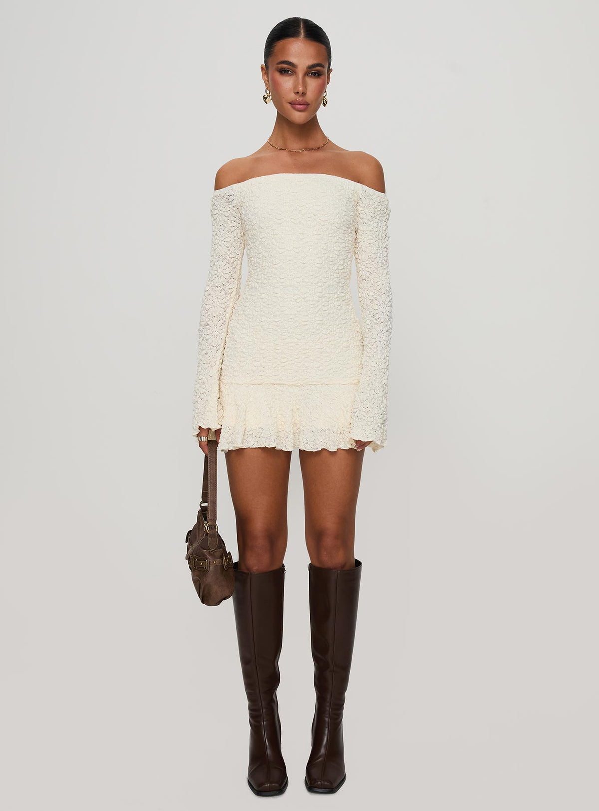 front view of model wearing Princess Polly Vancesca Strapless Mini Dress Cream Straight Neck 