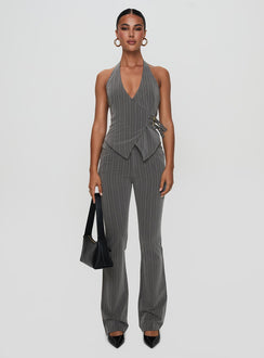 front view of model wearing Princess Polly Calexico Buckle Pant Grey Pinstripe High Rise Pants Pants 