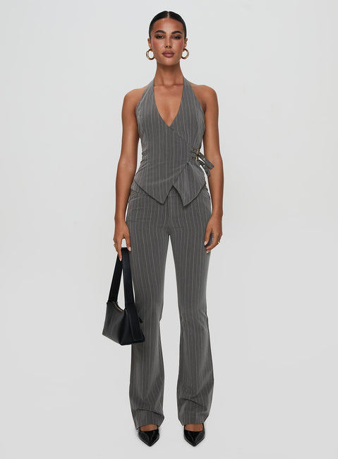 front view of model wearing Princess Polly Calexico Buckle Pant Grey Pinstripe High Rise Pants Pants 