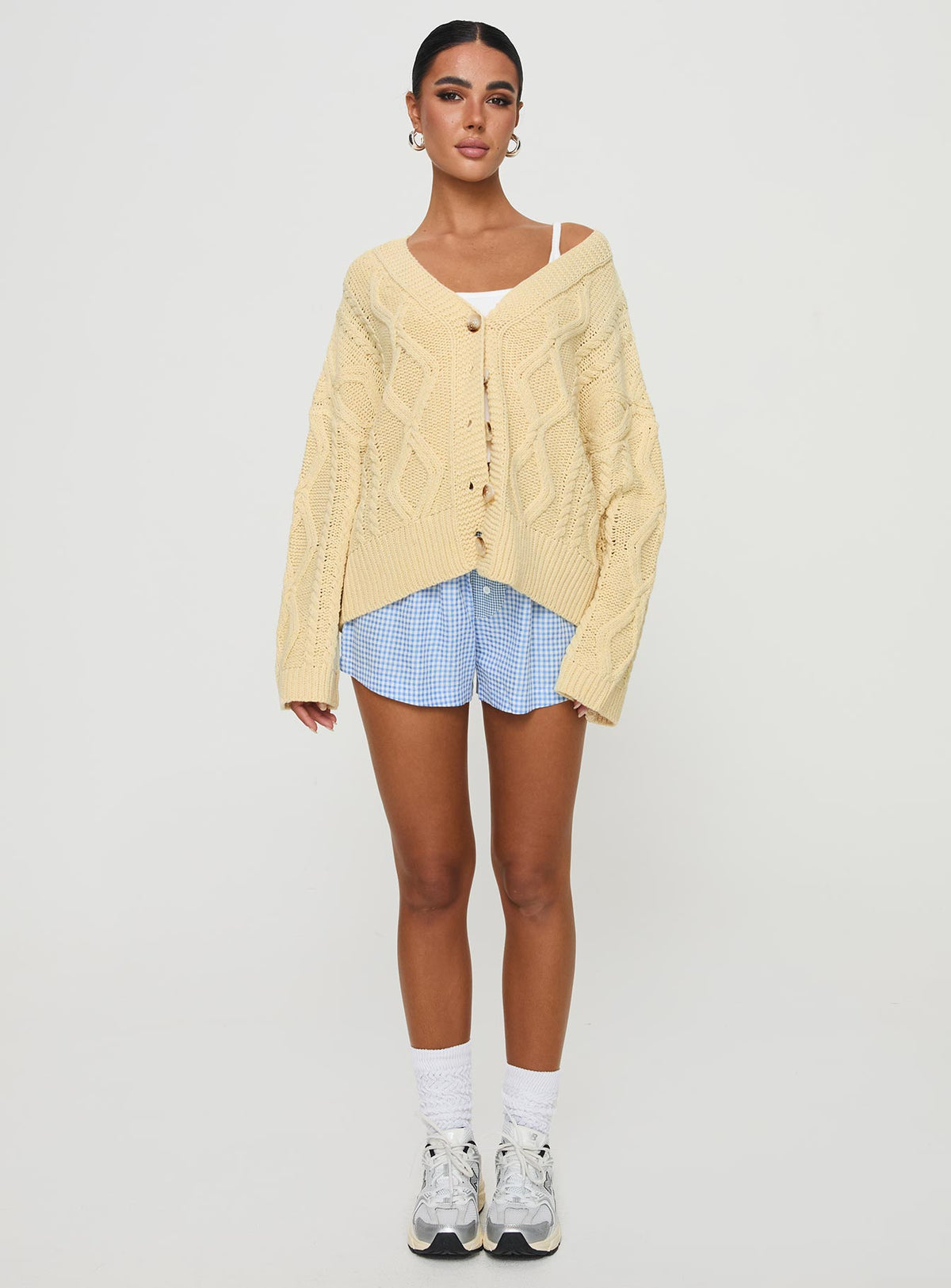 front view of model wearing Princess Polly Daxtan Cable Cardigan Lemon Cropped Jumpers Jumpers 