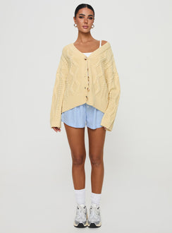 front view of model wearing Princess Polly Daxtan Cable Cardigan Lemon Cropped Jumpers Jumpers 