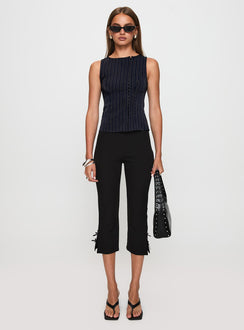 front view of model wearing Princess Polly Running Wild Top Blue Stripe Sleeveless Crew Neck 
