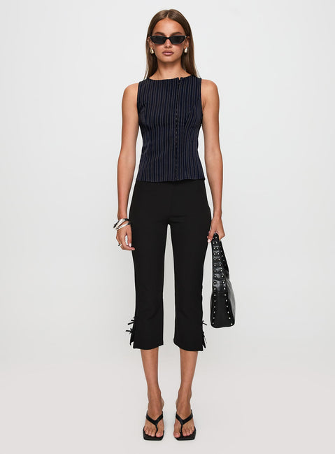 front view of model wearing Princess Polly Running Wild Top Blue Stripe Sleeveless Crew Neck 