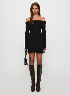 side view of model wearing Princess Polly Field Of Dreams Long Sleeve Mini Dress Onyx Straight Neck 