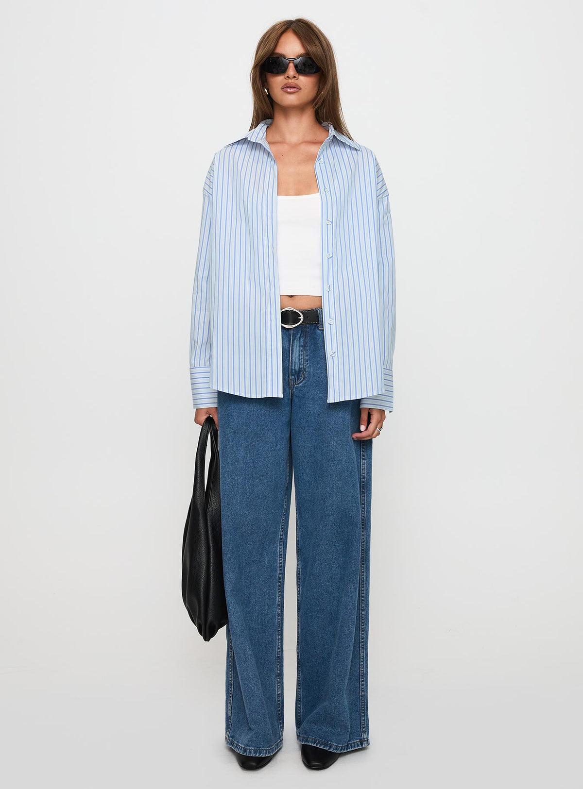 front view of model wearing Princess Polly Mallin Shirt Blue / White Stripe Full Sleeves V-Neck 