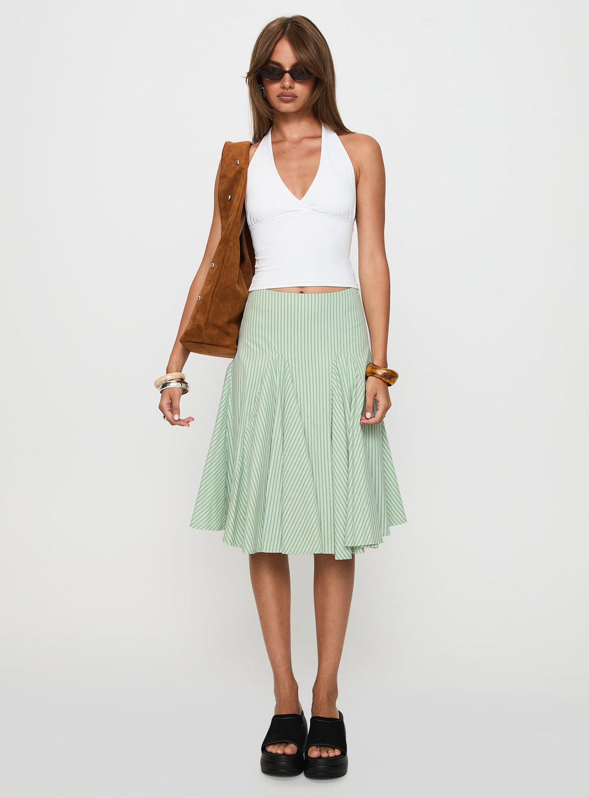   front view of model wearing Princess Polly Evangaleine Pleat Midi Skirt Green / White Midi Skirts Skirts 