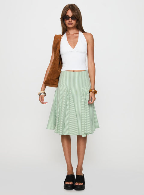   front view of model wearing Princess Polly Evangaleine Pleat Midi Skirt Green / White Midi Skirts Skirts 